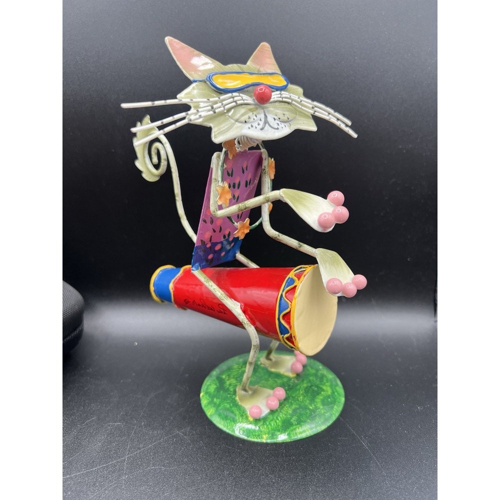 CAT WITH CONGA DRUM FIGURINE METAL Decoration Gift St Martin West Indies